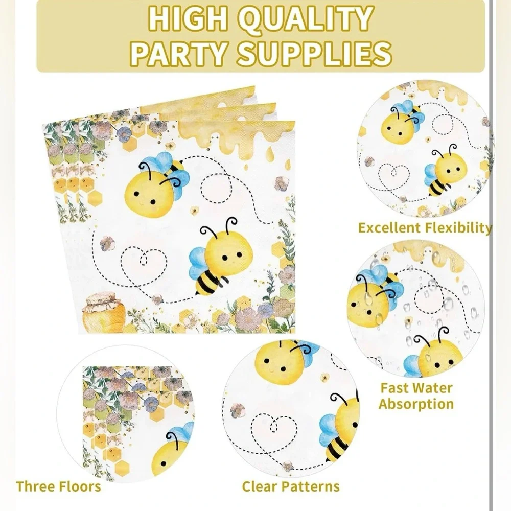 96Pcs Bee 1st Birthday, Plates & Napkins Tableware Sets, Party Decorations - NWT